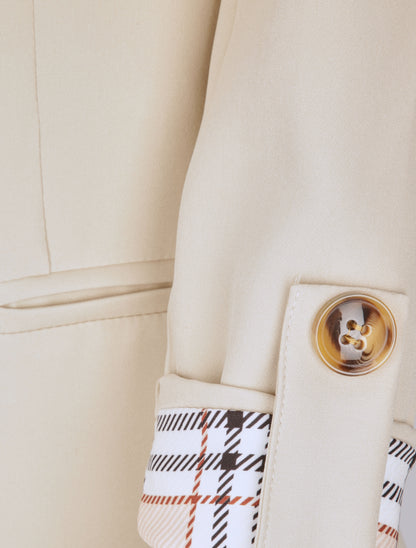 Blazer droit uni manches 3/4 à revers carreaux - Beige - 3