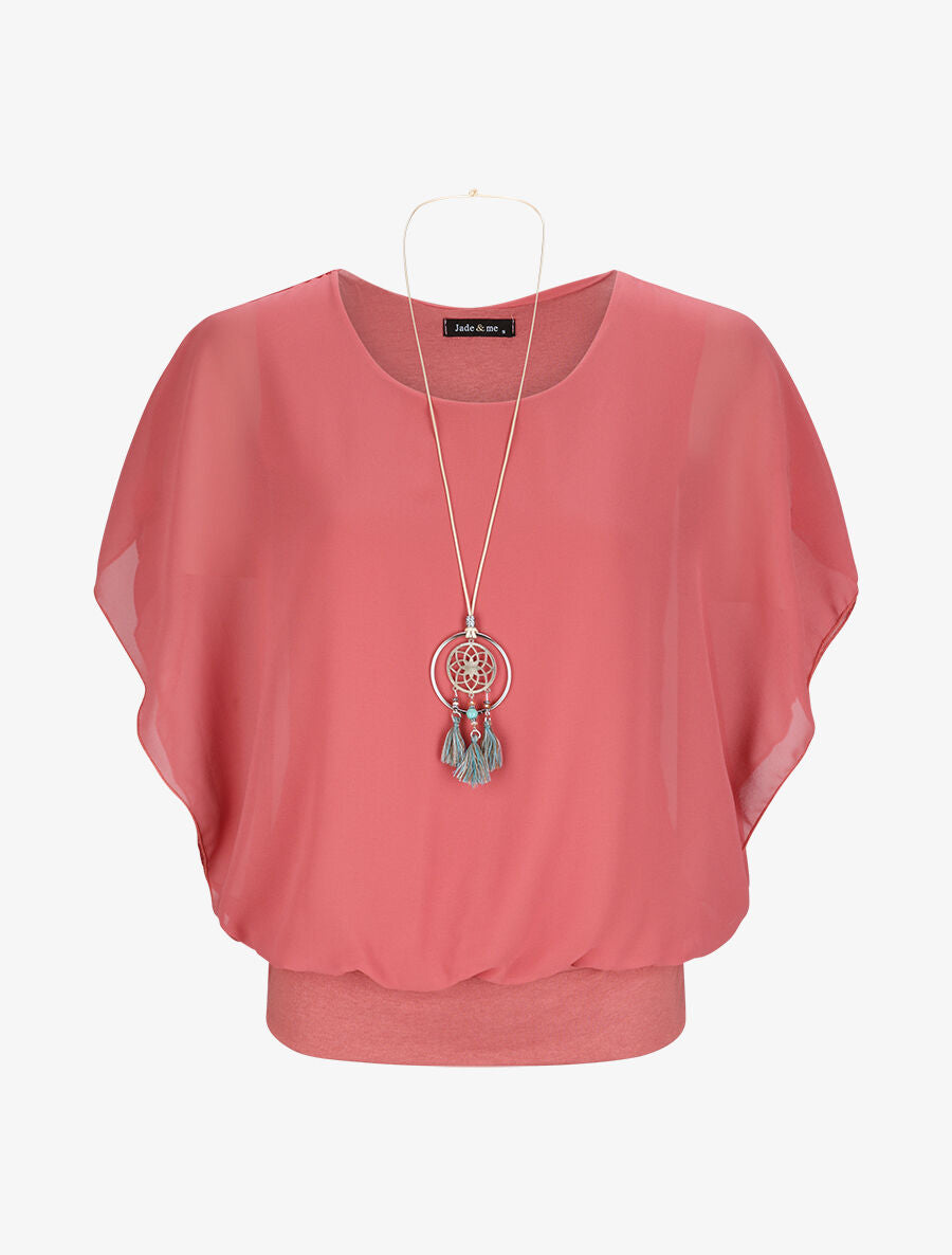 Top boule uni manches courtes chauve-souris - Rose - 4