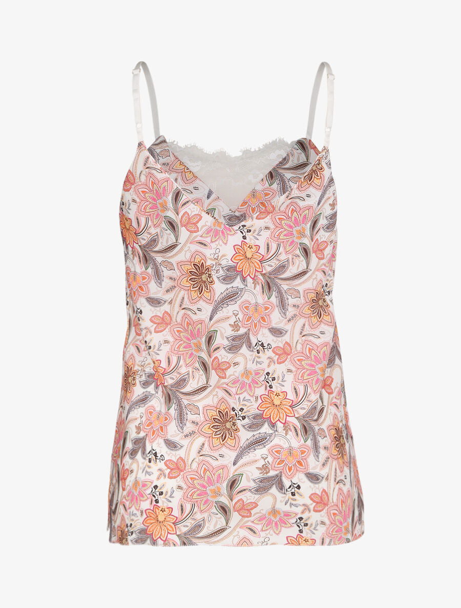 Caraco droit satiné à imprimé cachemire fleuri et dentelle stylisée - Blanc - 3