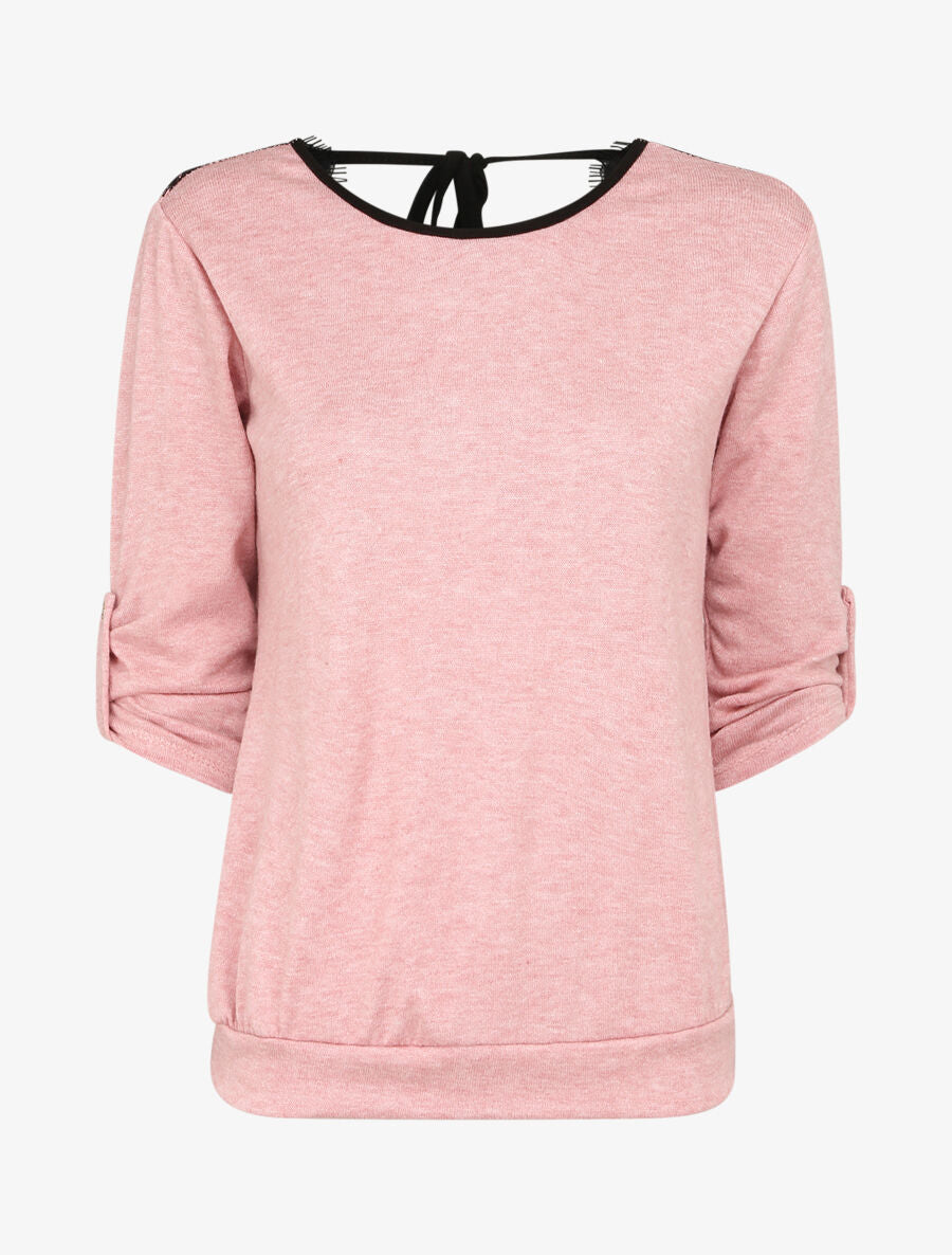 Pull fin à dos ouvert à détail dentelle - Rose - 1