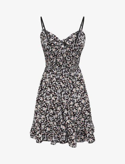 Robe courte empire fleurie à noeud - Noir - 2