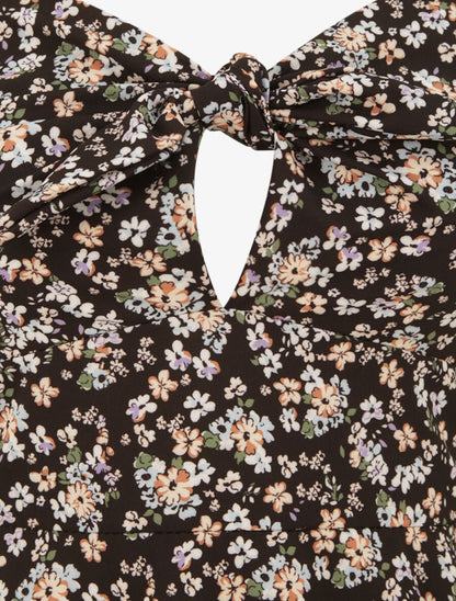 Robe courte empire fleurie à noeud - Noir - 3