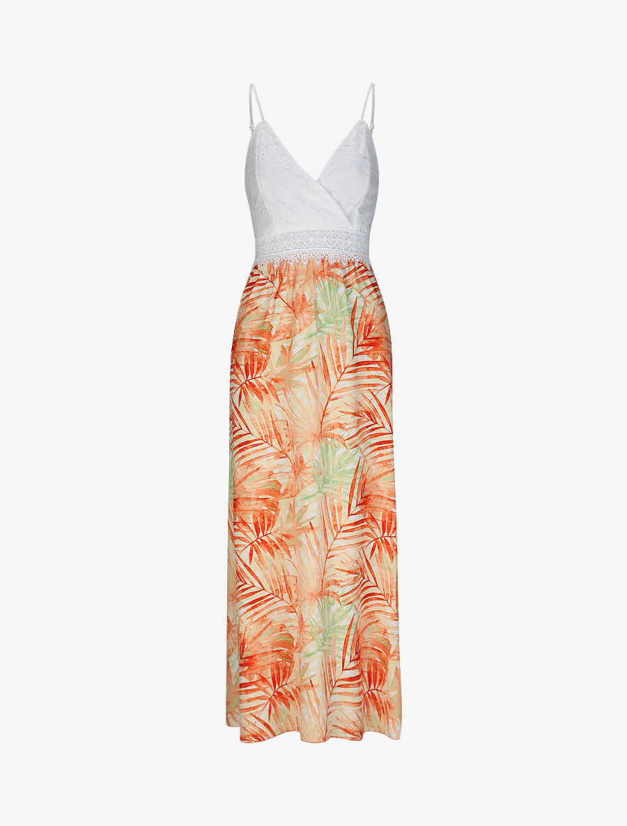 Robe longue empire imprimé plantes tropicales et buste dentelle - Jaune - 5