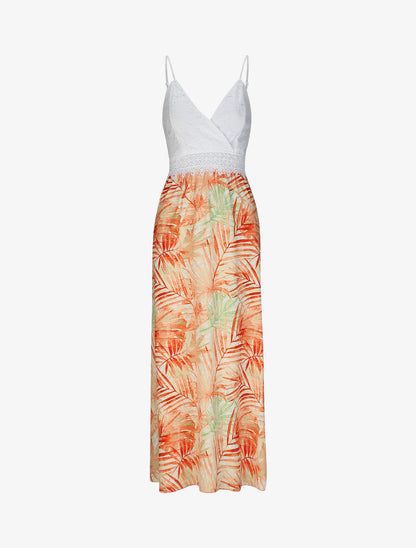 Robe longue empire imprimé plantes tropicales et buste dentelle - Jaune - 5