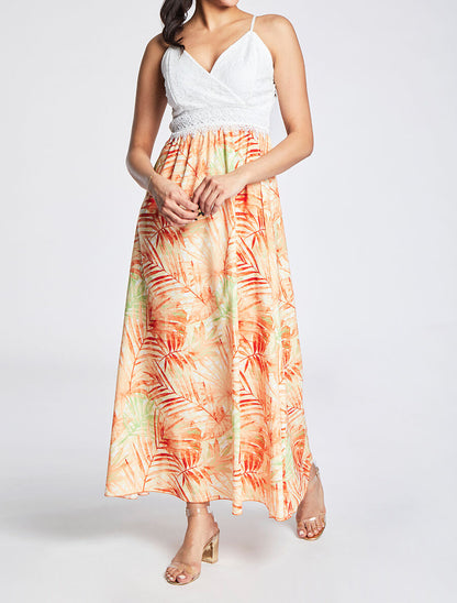 Robe longue empire imprimé plantes tropicales et buste dentelle - Jaune - 4