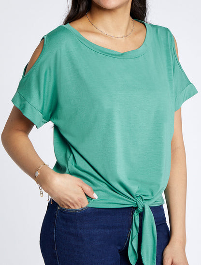 Top oversize uni à épaules ajourées - Bleu lagon - 4