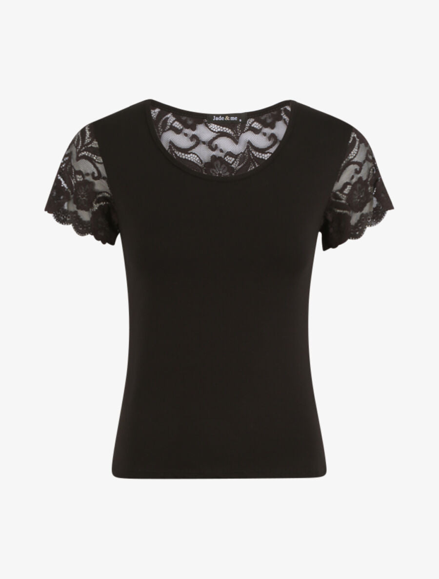 T-shirt ajusté à épaules en dentelle - Noir - 4
