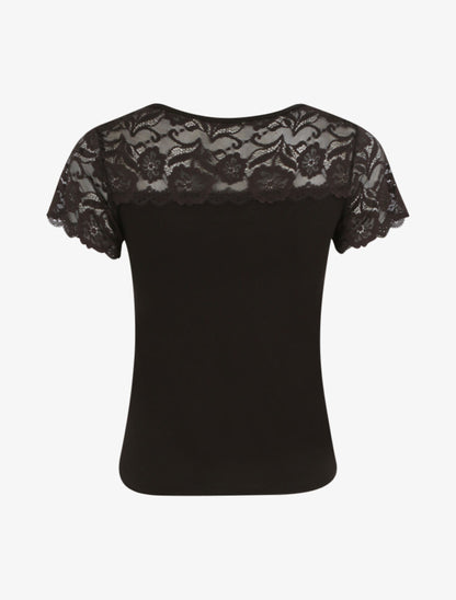 T-shirt ajusté à épaules en dentelle - Noir - 2