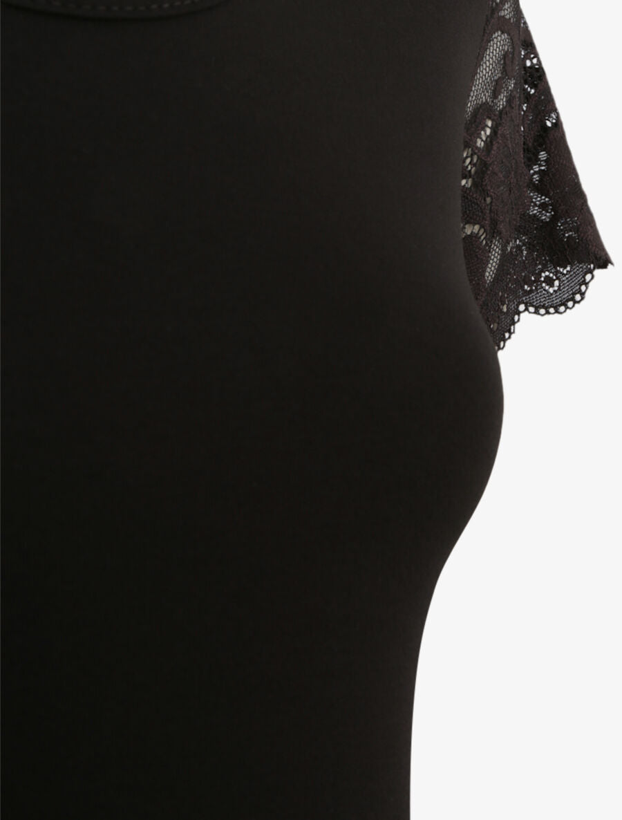 T-shirt ajusté à épaules en dentelle - Noir - 3