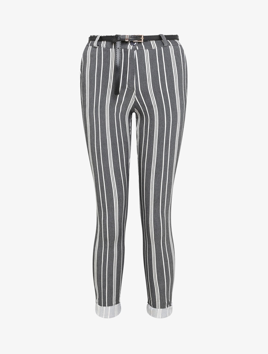 Pantalon 7/8 imprimé rayé à revers - Noir - 1