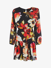 Robe imprimé fleurs stylisées à épaules marquées - Noir - 4