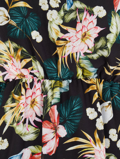 Robe imprimé bouquet tropical à épaules marquées - Noir - 3