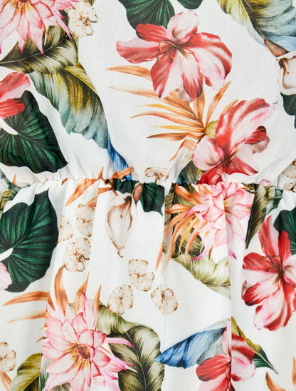 Robe imprimé bouquet tropical à épaules marquées - Blanc - 3