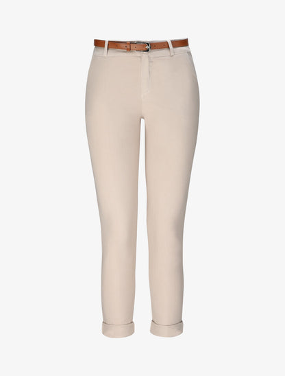 Pantalon chino taille haute uni en coton mélangé - Beige - 4