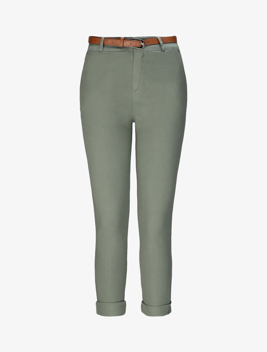 Pantalon chino taille haute uni en coton mélangé - Kaki - 1