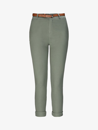 Pantalon chino taille haute uni en coton mélangé - Kaki - 1