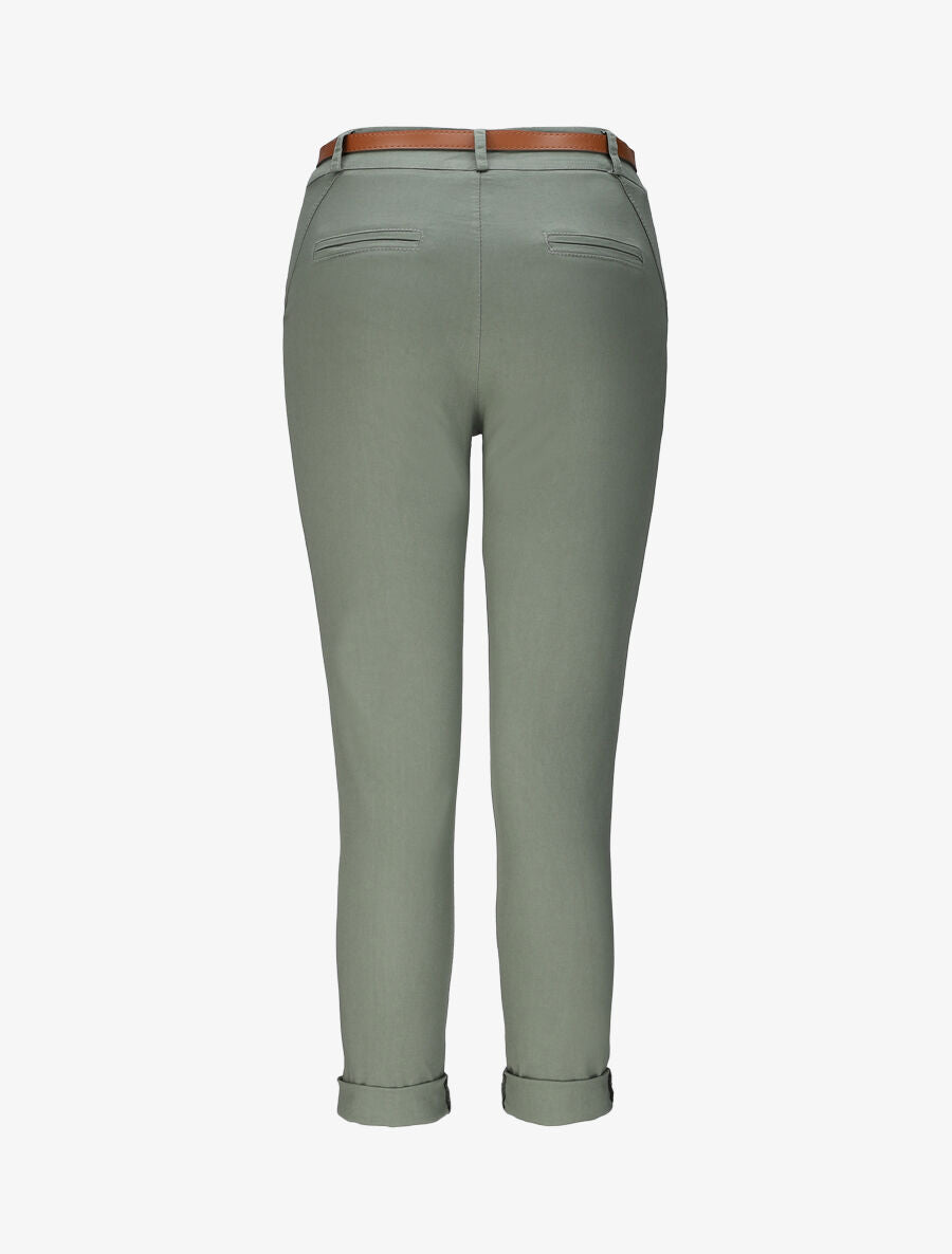 Pantalon chino taille haute uni en coton mélangé - Kaki - 2