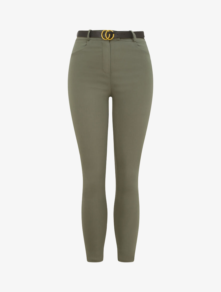 Pantalon slim uni à taille haute - Kaki - 1