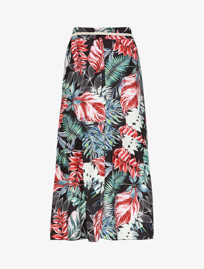 Jupe mi-longue à couture en V imprimé tropical - Noir - 2