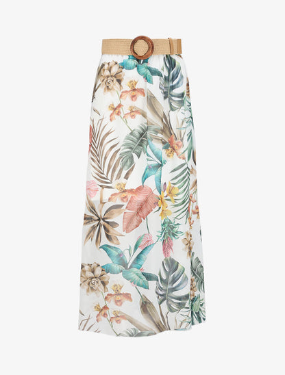 Jupe longue en voile imprimé fleurs tropicales - Blanc - 1