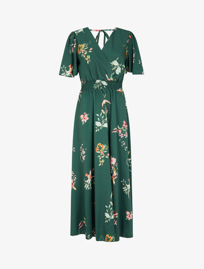 Robe longue imprimé fleurs de printemps à manches papillon - Vert émeraude - 1