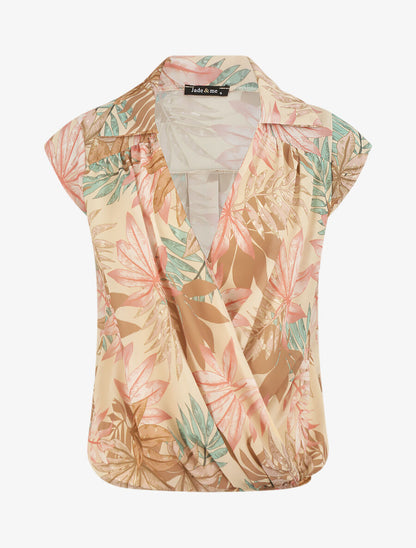 Top en voile sans manches imprimé végétal - Beige - 4