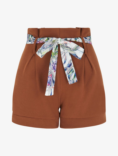 Short taille haute à ceinture imprimé fleurs tropicales - Camel - 4