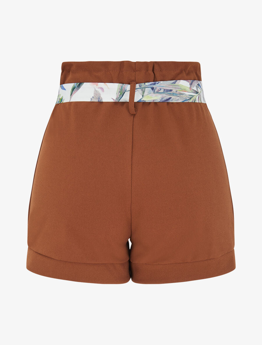 Short taille haute à ceinture imprimé fleurs tropicales - Camel - 2