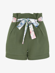 Short taille haute à ceinture imprimé fleurs tropicales - Kaki - 1