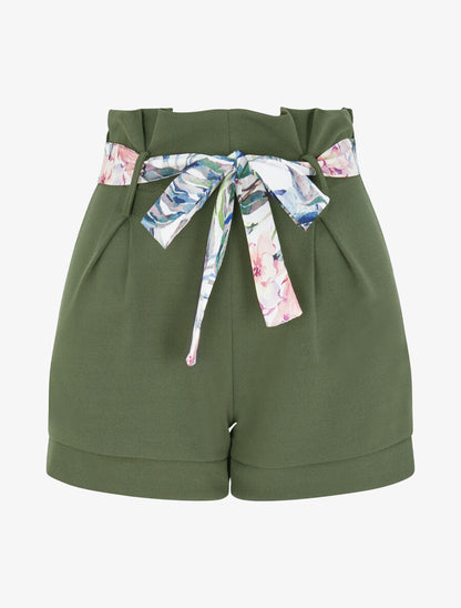 Short taille haute à ceinture imprimé fleurs tropicales - Kaki - 1