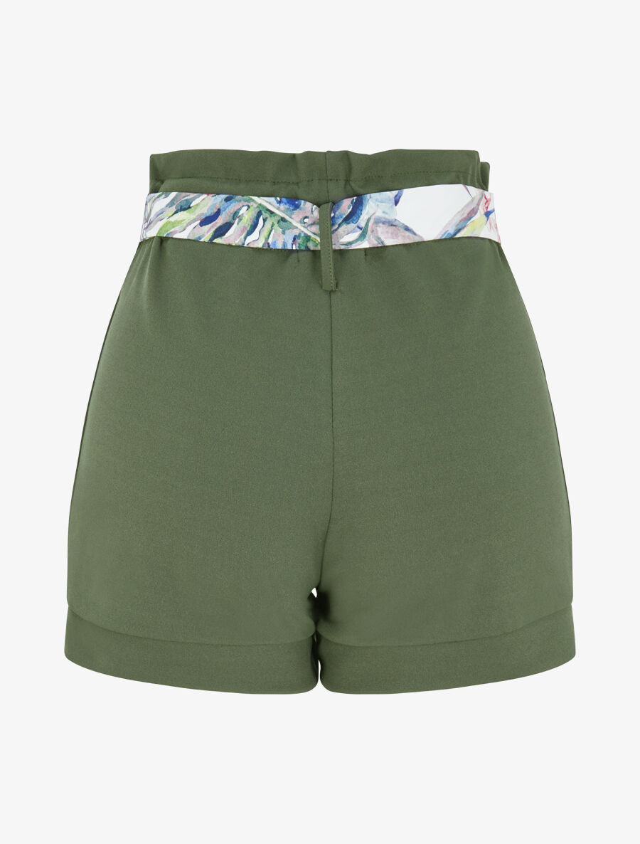Short taille haute à ceinture imprimé fleurs tropicales - Kaki - 2