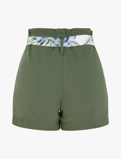 Short taille haute à ceinture imprimé fleurs tropicales - Kaki - 2