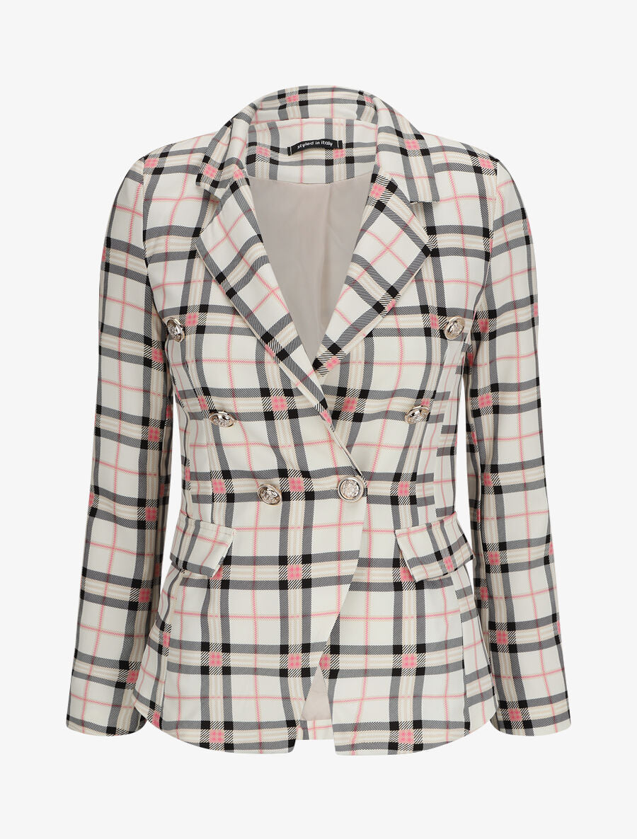 Blazer croisé à épaulettes imprimé carreaux - Beige - 1