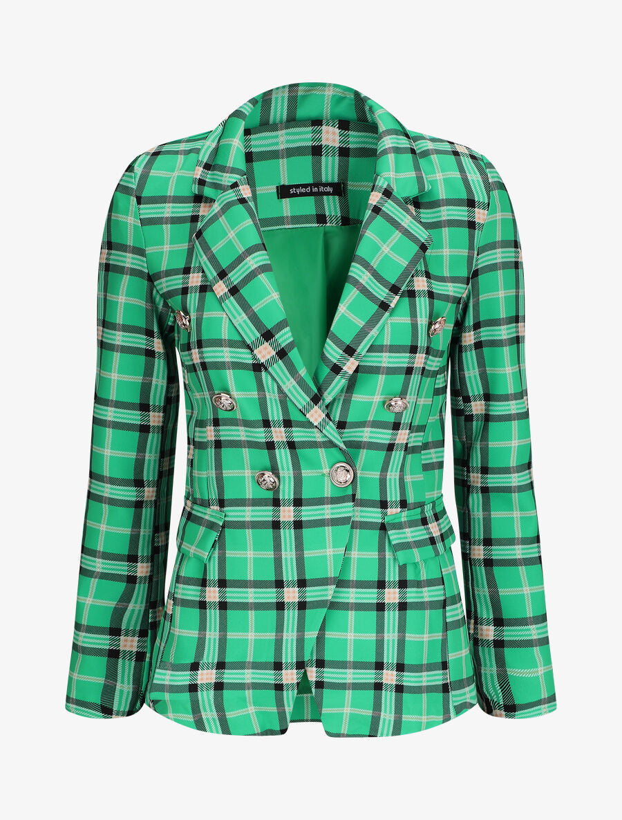 Blazer croisé à épaulettes imprimé carreaux - Vert - 3