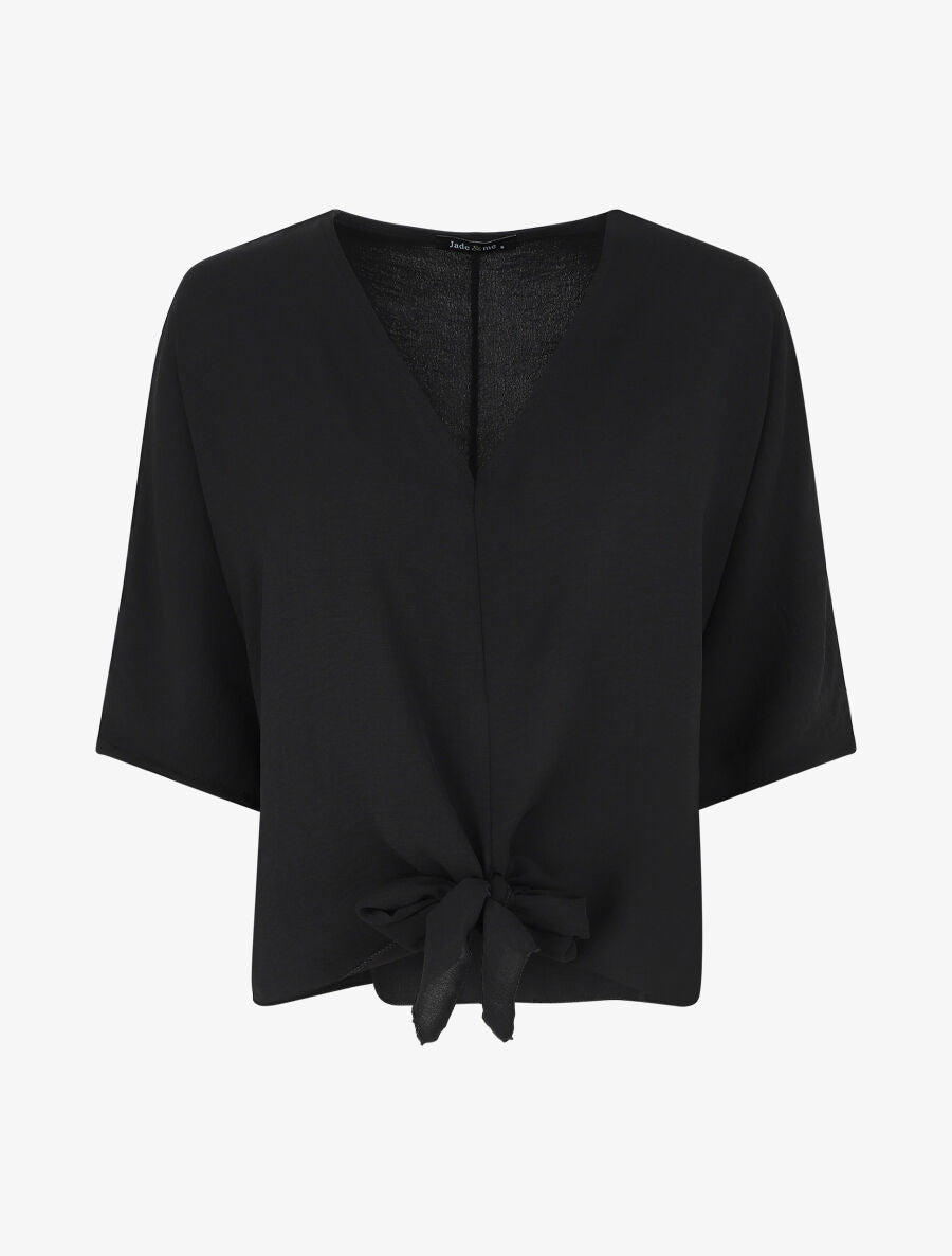 Blouse ample unie à liens à nouer - Noir - 1