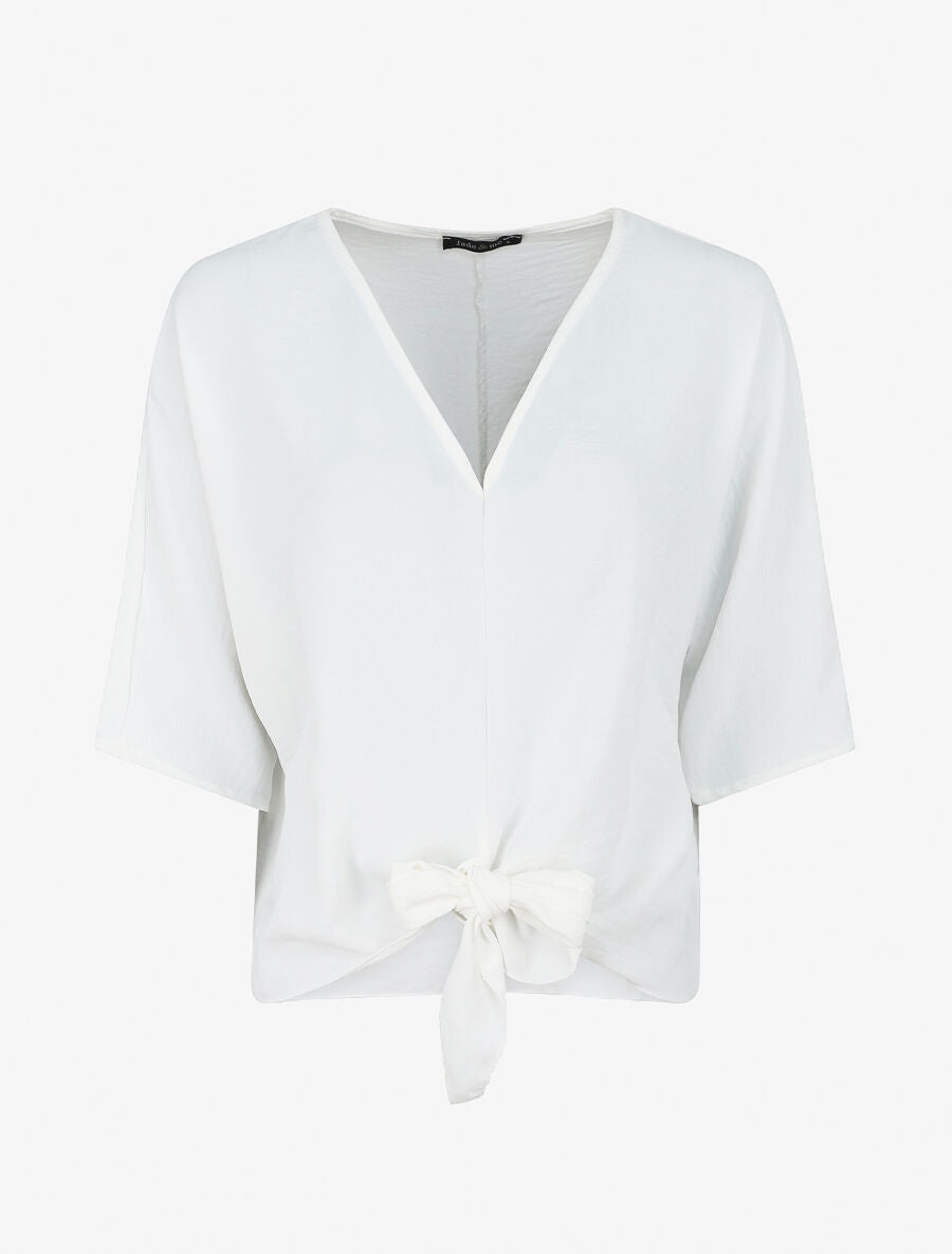 Blouse ample unie à liens à nouer - Blanc - 4