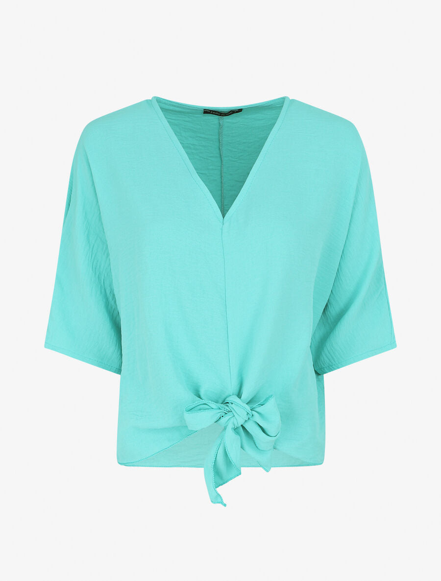 Blouse ample unie à liens à nouer - Turquoise - 1