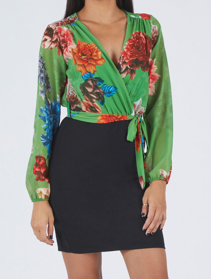 Robe fourreau à buste imprimé fleuri - Vert - 4