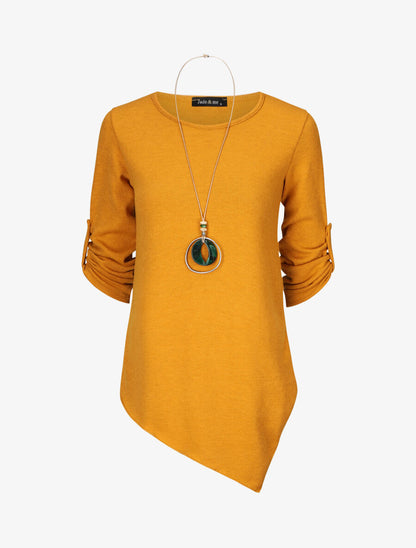 Pull asymétrique à manches rabattables - Jaune moutarde - 1
