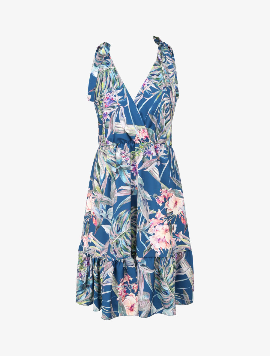 Robe patineuse mi-longue imprimé jungle tropicale - Bleu - 4