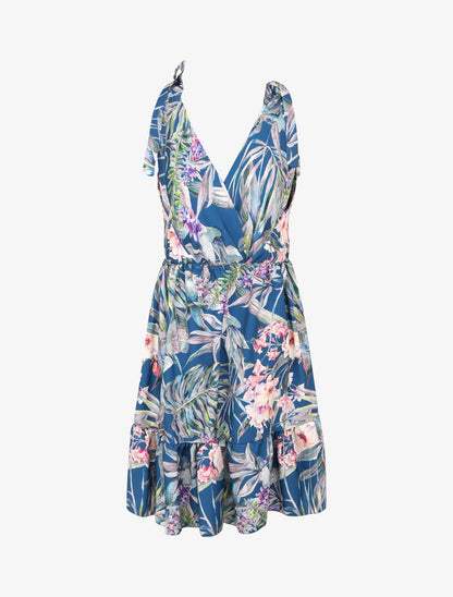 Robe patineuse mi-longue imprimé jungle tropicale - Bleu - 2