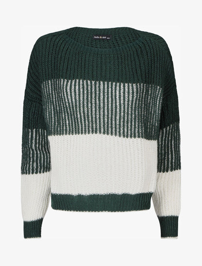 Pull en grosse maille bicolore - Vert sapin - 1