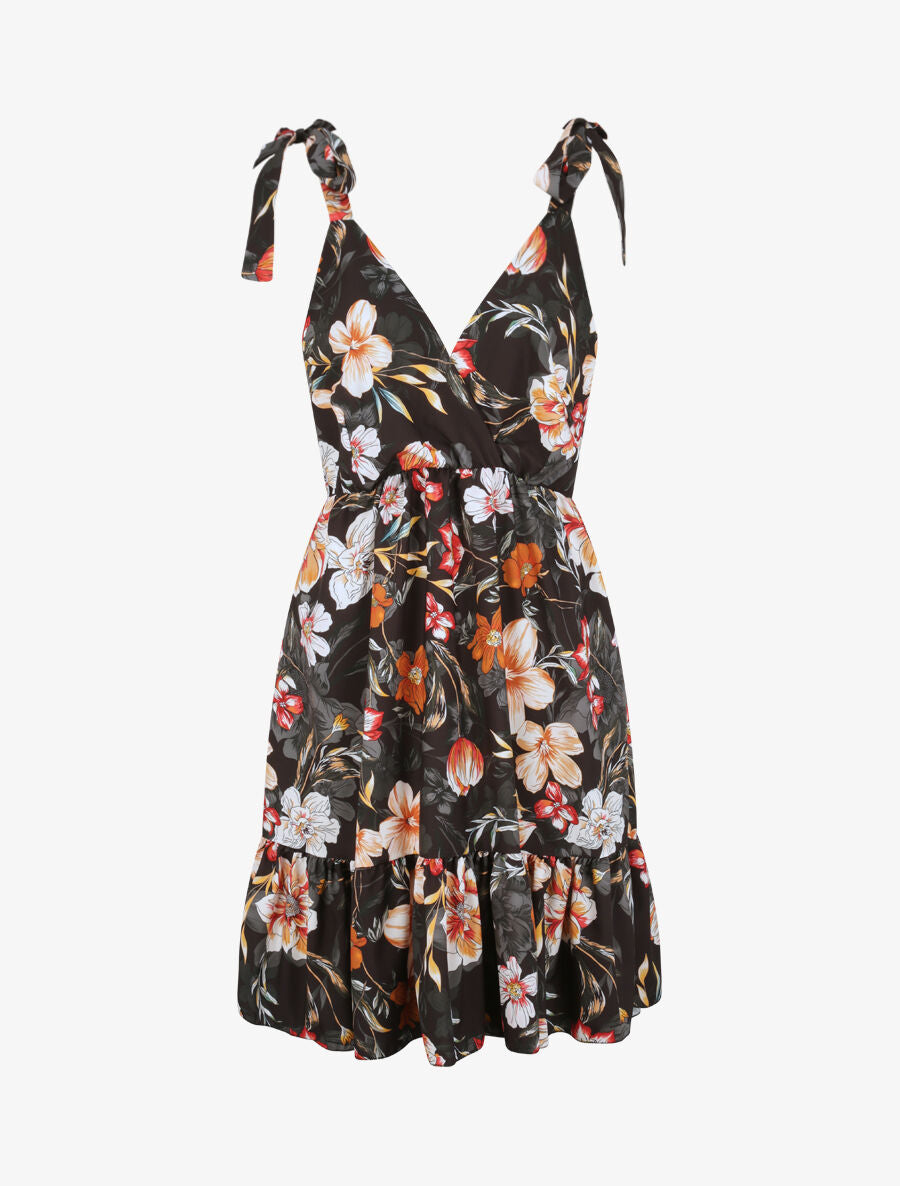 Robe patineuse mi-longue imprimé fleurs tropicales - Noir - 1