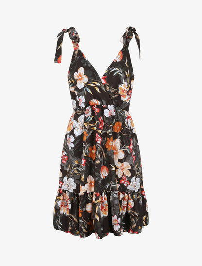 Robe patineuse mi-longue imprimé fleurs tropicales - Noir - 1
