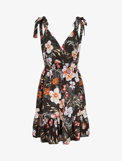 Robe patineuse mi-longue imprimé fleurs tropicales - Noir - 2