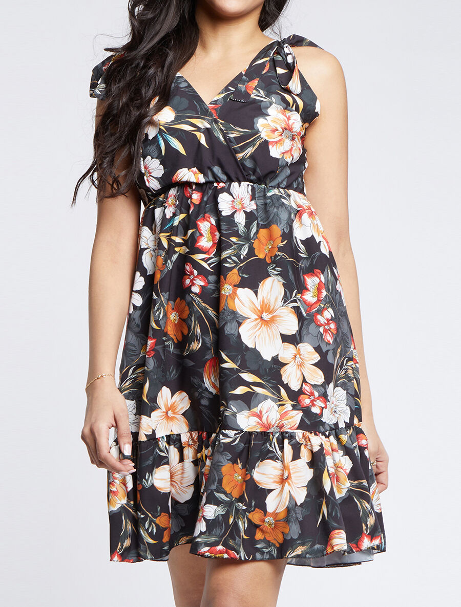 Robe patineuse mi-longue imprimé fleurs tropicales - Noir - 5
