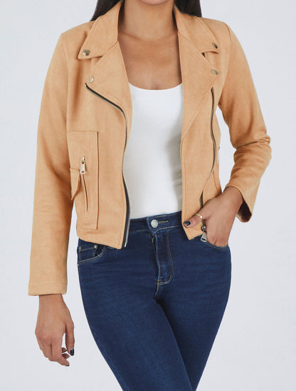 Veste style perfecto zippée en suédine - Beige - 4