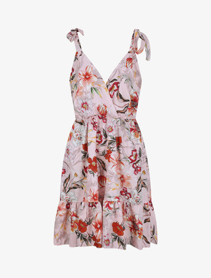 Robe patineuse mi-longue imprimé fleurs tropicales - Rose - 1