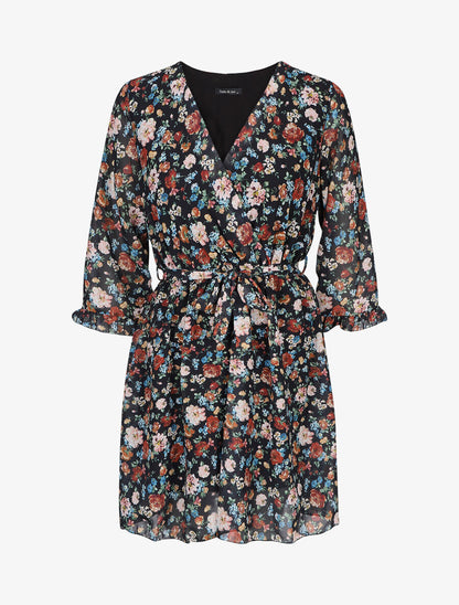 Robe cache-coeur à manches transparentes imprimé fleuri - Noir - 1
