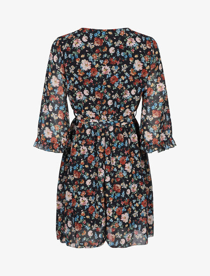 Robe cache-coeur à manches transparentes imprimé fleuri - Noir - 2